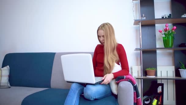 Una chica en un suéter rojo está sentada en un sofá trabajando en un trabajo remoto en casa con una computadora portátil . — Vídeos de Stock