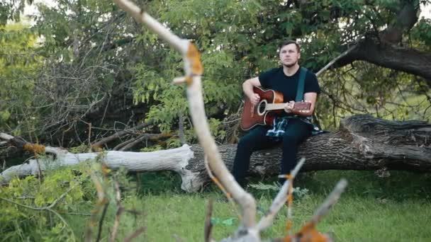 Un giovane uomo con una maglietta nera si siede su un albero abbattuto e suona rapidamente una chitarra acustica . — Video Stock