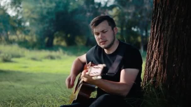 Un hombre con una camiseta negra se sienta en la hierba, toca y canta una canción en una guitarra acústica . — Vídeos de Stock