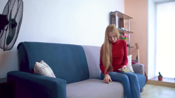Chica en un suéter rojo sentado en un sofá cuenta el dinero . — Vídeo de stock