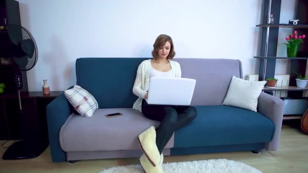 Young business woman working on a laptop,sitting on the couch,communicates via video call. — Stock Video