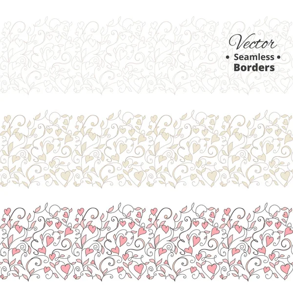Seamless love borders, wedding floral pattern with hearts. Tileable, can be infinitely repeated — Stock Vector