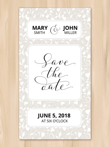Save the date card with hearts pattern background, invitation template. Hand written custom calligraphy. — Stock Vector
