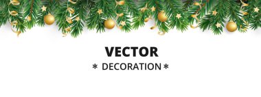 Kış tatil arka plan. Noel ağacı dalları ile sınır. Garland, çerçeve baubles, flamalar asma