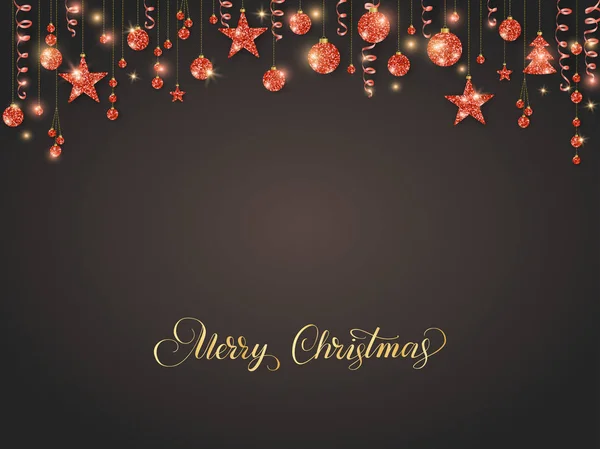 Rote Weihnachtsgirlande auf schwarz. Glitzerschmuck. Hängebänder und Kugeln, Baum und Sterne. Frohe Weihnachten Kalligraphie. — Stockvektor