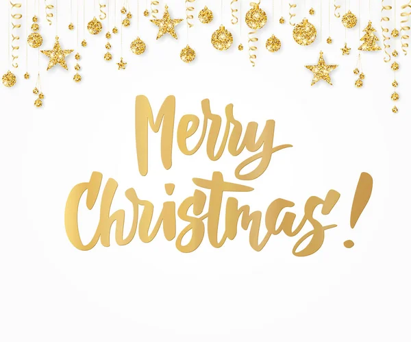 Buon Natale a tutti. Lettere disegnate a mano. Bordo glitter dorato con palline, stelle e nastri appesi. Ottimo per etichette regalo ed etichette . — Vettoriale Stock
