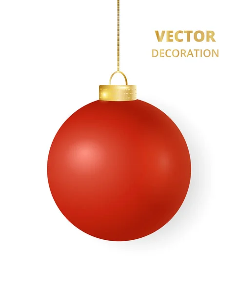 Повесил красный рождественский мяч. Блестящая металлическая побрякушка, праздничное оформление . — стоковый вектор