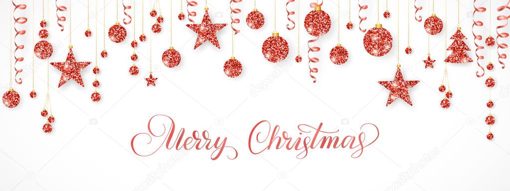 Christmas garland. Red glitter ornaments isolated on white. Hanging ribbons and balls. Merry Christmas calligraphy