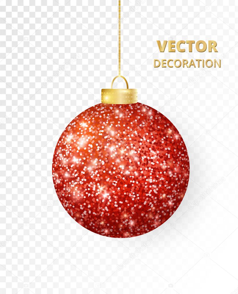 Hanging Christmas red ball isolated on white. Sparkling glitter texture bauble, holiday decoration