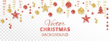 Noel çelenk. Kırmızı ve altın beyaz izole süsler parıltı. Asılı şeritler ve topları, ağaç ve yıldız