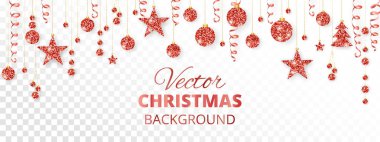 Noel çelenk. Kırmızı üzerine beyaz izole süsler parıltı. Asılı baubles, şeritler ve topları, ağaç ve yıldız