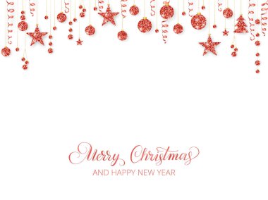 Noel çelenk. Kırmızı üzerine beyaz izole süsler parıltı. Asılı şeritler ve topları. Neşeli Noel hat