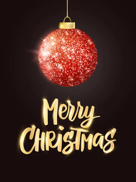 Ferienhintergrund. hängende rote Weihnachtskugel auf schwarz. glitzernde Metallglitzerkugeln. Frohe Weihnachten handgezeichneter Text — Stockvektor