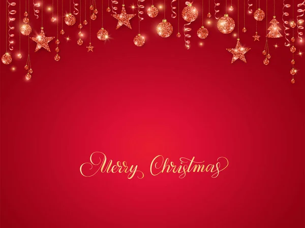 Červená vánoční věnec. Glitter ornamenty. Visící stužky a kuličky, strom a hvězdy. Veselé Vánoce kaligrafie. — Stockový vektor