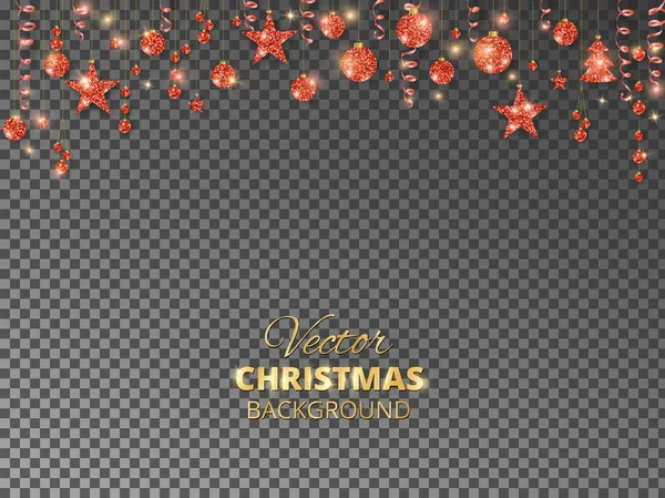 Guirnalda de Navidad. Adornos de purpurina roja aislados. Bolitas colgantes, cintas y bolas, árboles y estrellas — Vector de stock