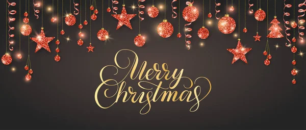 Grinalda de Natal vermelho em preto. Ornamentos brilhantes. Fitas penduradas e bolas, árvore e estrelas. Feliz Natal caligrafia . —  Vetores de Stock