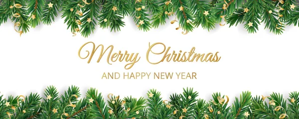 Banner met de tekst Merry Christmas. Kerstboom frame, garland met versieringen — Stockvector