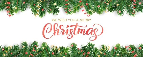Banner con texto de Feliz Navidad. Marco del árbol de Navidad, guirnalda con adornos — Archivo Imágenes Vectoriales