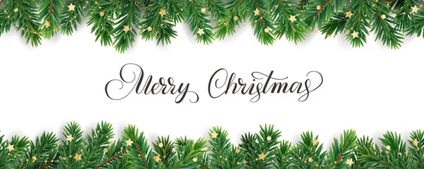 Banner con testo Buon Natale. Cornice albero di Natale, ghirlanda con ornamenti — Vettoriale Stock
