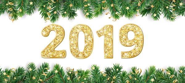 Banner con números de brillo dorado 2019. Marco del árbol de Navidad, guirnalda con adornos — Vector de stock