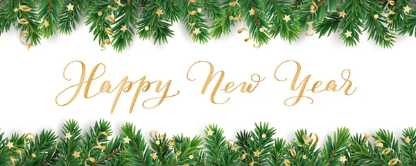 Banner com caligrafia Feliz Ano Novo. Quadro de árvore de Natal, guirlanda com ornamentos —  Vetores de Stock