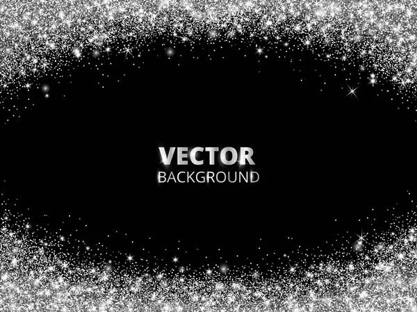 Sparkling glitter border, frame. Falling silver dust on black background. Vector glittering decoration. — Stock Vector