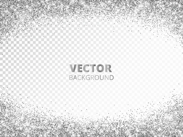 Sparkling glitter border, frame. Falling silver dust isolated on transparent. Vector glittering decoration. — Stock Vector
