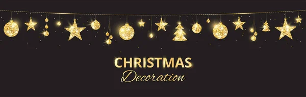 Christmas golden decoration on black background. Holiday vector frame, border. — Stock Vector