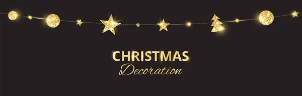 Décoration dorée de Noël sur fond noir. Cadre vectoriel de vacances, frontière . — Image vectorielle