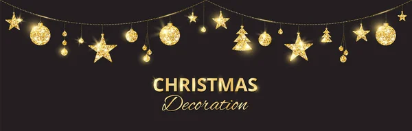 Christmas golden decoration on black background. Holiday vector frame, border. — Stock Vector