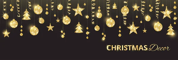 Різдвяна золота прикраса на чорному тлі. Свято Векторна рамка, рамка . — стоковий вектор