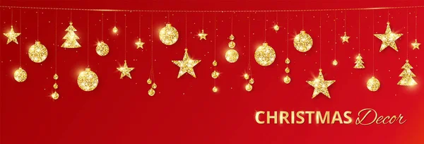 Décoration dorée de Noël sur fond rouge. Cadre vectoriel de vacances, frontière . — Image vectorielle