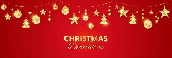 Weihnachten goldene Dekoration auf rotem Hintergrund. Urlaub Vektor Rahmen, Grenze. — Stockvektor