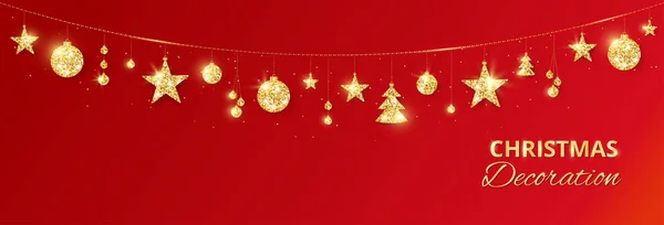 Dekorację świąteczną złote na czerwonym tle. Wakacje wektor ramki, obramowania. — Wektor stockowy