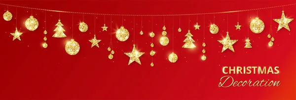 Décoration dorée de Noël sur fond rouge. Cadre vectoriel de vacances, frontière . — Image vectorielle