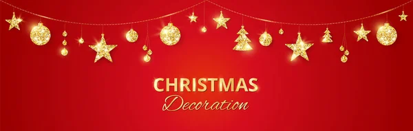Weihnachten goldene Dekoration auf rotem Hintergrund. Urlaub Vektor Rahmen, Grenze. — Stockvektor