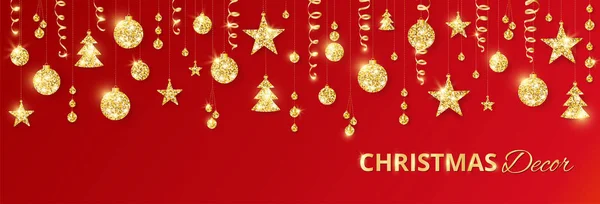 Christmas golden decoration on red background. Holiday vector frame, border. — Stock Vector
