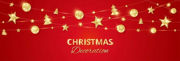 Décoration dorée de Noël sur fond rouge. Cadre vectoriel de vacances, frontière . — Image vectorielle