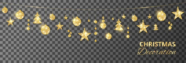 Décoration dorée de Noël isolée sur fond transparent. Cadre vectoriel de vacances, frontière . — Image vectorielle