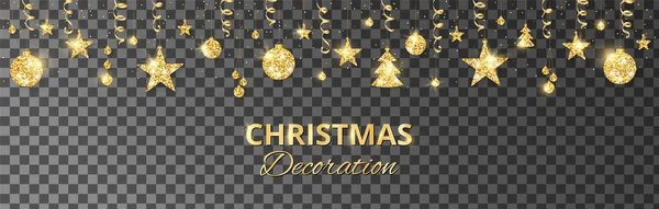 Gouden Kerstdecoratie geïsoleerd op transparante achtergrond. Vakantie vector frame, rand. — Stockvector