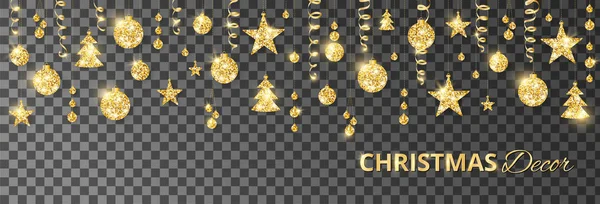 Christmas golden decoration isolated on transparent background. Holiday vector frame, border. — Stock Vector