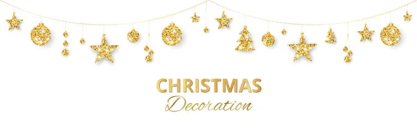 Décoration dorée de Noël isolée sur fond blanc. Cadre vectoriel de vacances, frontière . — Image vectorielle