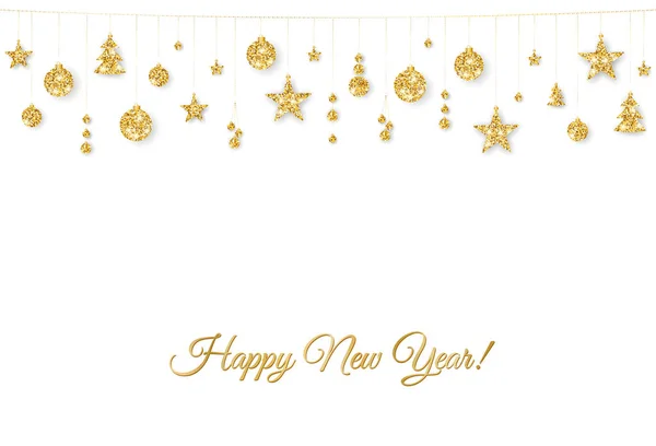 Mutlu yeni yıl kartı. Beyaz zemin üzerine altın christmas dekorasyon — Stok Vektör