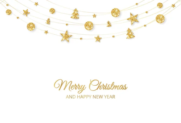 Decorazione natalizia dorata su sfondo bianco. Buon Natale e felice anno nuovo card . — Vettoriale Stock