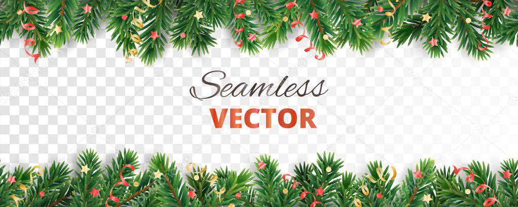 Seamless vector decoration isolated on white. Christmas tree frame, garland with ornaments