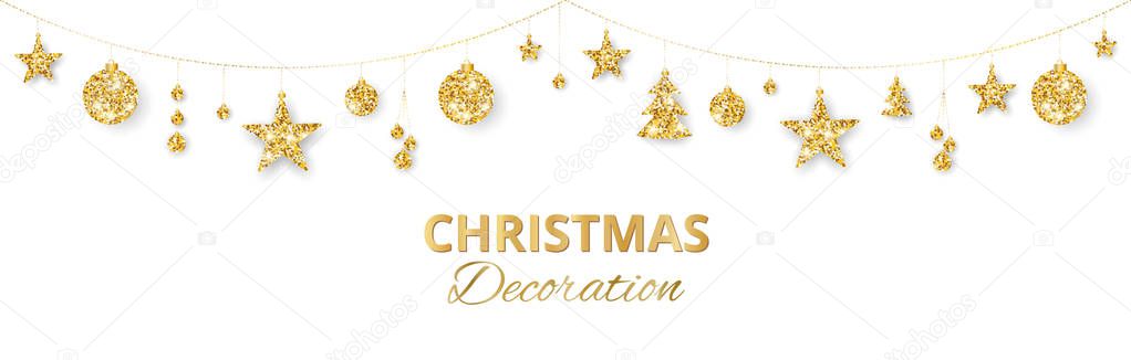 Christmas golden decoration isolated on white background. Holiday vector frame, border.