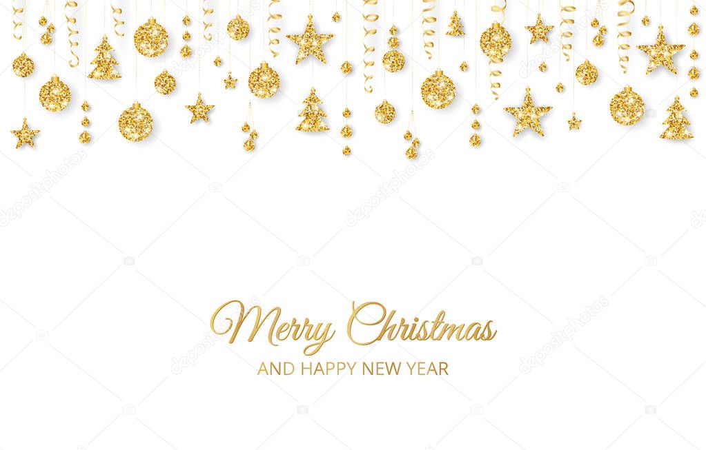 Christmas golden decoration on white background. Merry Christmas and Happy New Year card. Hanging glitter balls, trees, stars. Winter season sparkling ornaments on a string. For party posters, banners