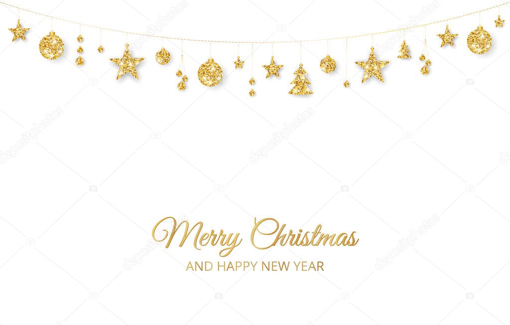 Christmas golden decoration isolated on white background. Holiday vector frame, border.