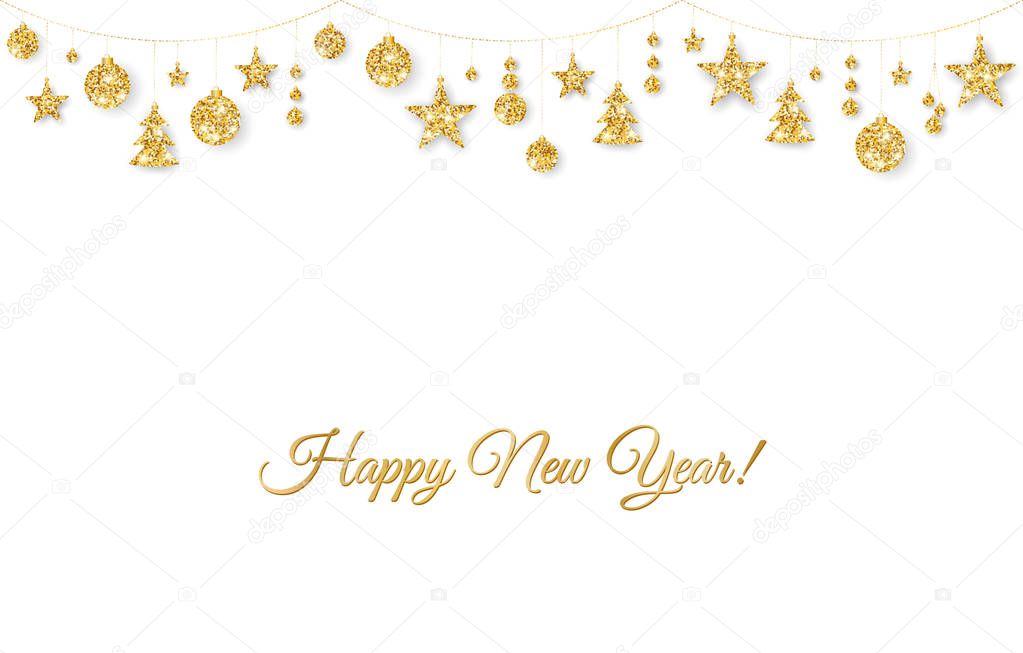 Happy New Year card. Christmas golden decoration on white background