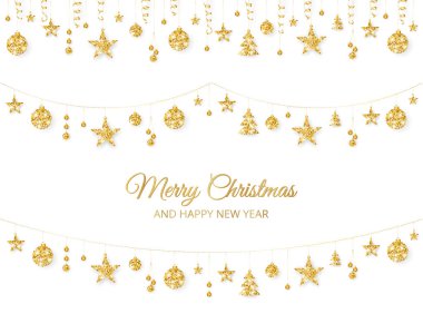 Beyaz arka plan üzerinde izole altın Christmas dekorasyon. Tatil vektör çerçeve, sınır.